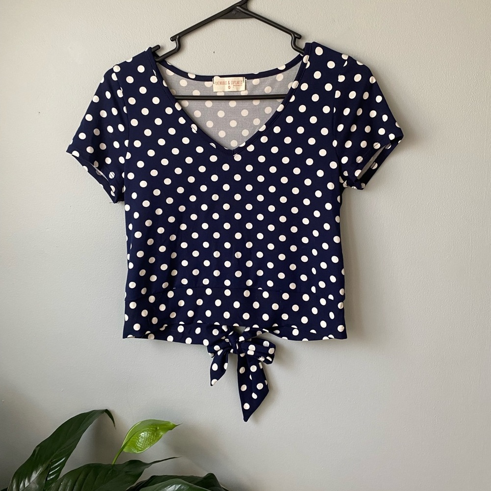 Rainbows & Cupcakes blue and white polka dot t-shirt